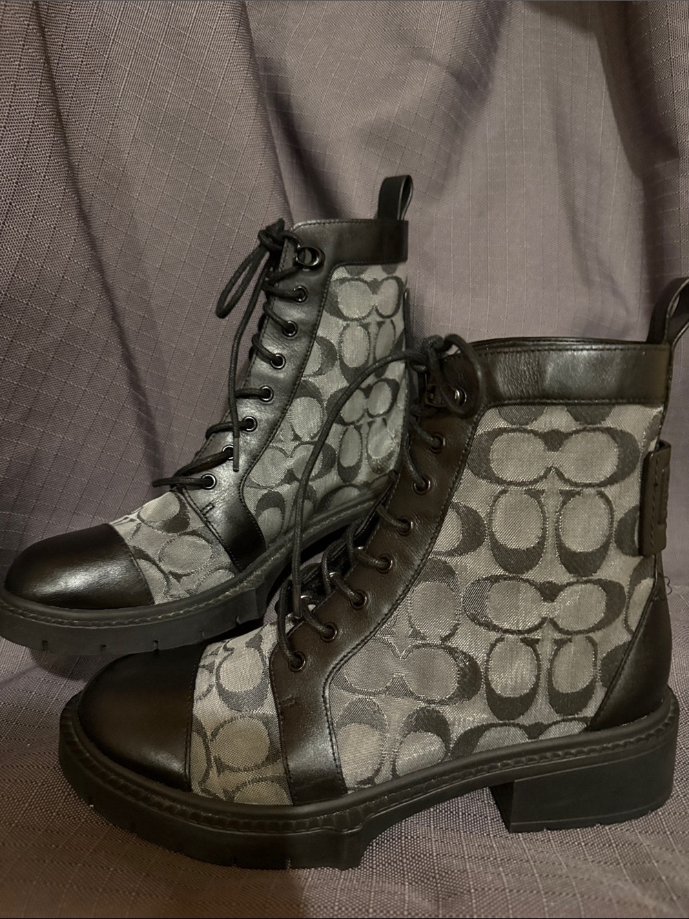 Coach Lana Gray and Black Signature Jacquard Combat Boots